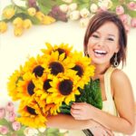 happy women holding happy birthday sun flowers for delivery to chicago