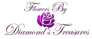 "Flowers by Diamond's Treasures luxury florist logo in Chicago with a purple rose and elegant script font for custom flower arrangements and 24-hour flower delivery in Chicago